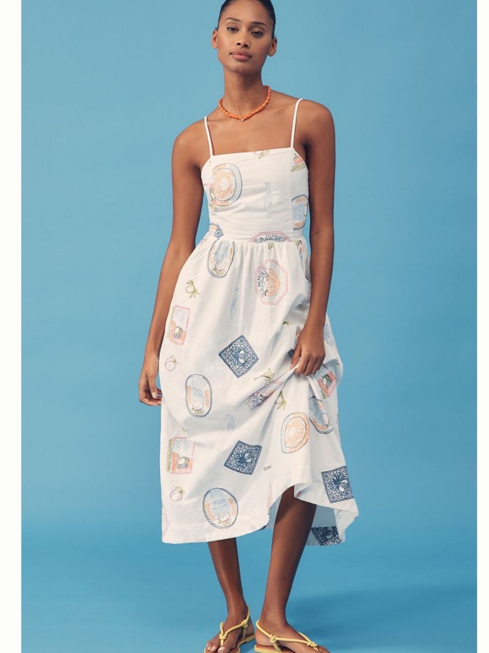 White Printed Sundress with Spaghetti Straps